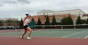 Mia Deng prepares a backhand shot against her opponent in the third set. Photo by Michelle Dubovitsky